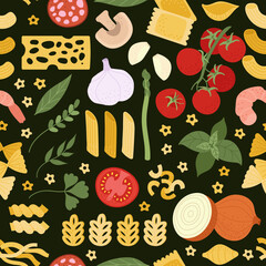 Sticker - Italian pasta pattern. Gourmet italian cooking ingredients, spaghetti, macaroni, tomato. Restaurant cuisine food print, kitchen textile decent vector seamless template