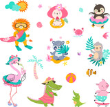 Fototapeta Dinusie - Animals summer activities, animal surfer and vacation on beach. Cute lion sloth and crocodiles resting, play ball and eating sweets, nowaday funny vector clipart