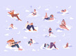 © MicroOne - Play in clouds. Children and adults sitting and resting on fluffy clouds with book, drinks and cats. Creativity thinking, dreaming and sleeping kicky vector set