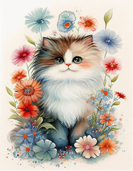 Wall Mural - Cute cat with flowers. Watercolor painting. Generative AI.