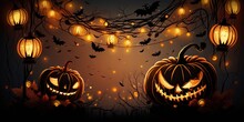 Halloween-themed Decorations With Pumpkins And Fairy Lights For A Fun Party Invitation Design, Generative AI