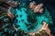 A breathtaking aerial picture of a green and rocky beach drenched in blue, crystal clear water can be seen from above. Italy's Sardinia, Liscia Ruja, and Costa Smeralda. Generative AI