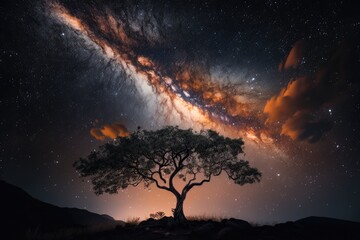 Wall Mural - at the national park of Phu Hin Rong kla, the milky way and a tree silhouette. Generative AI