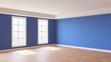 Fototapeta  - Interior with Blue Walls, Two Windows, White Ceiling and Cornice, Glossy Herringbone Parquet Flooring and a White Plinth. Beautiful Interior Concept. 3D illustration, 8K Ultra HD, 7680x4320, 300 dpi