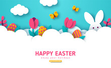 Easter Card, Bunny Rabbit, Eggs Flowers And Butterfly In White Clouds, Spring Border Frame. Modern Concept Background. Vector Illustration. Place For Text. Hare Head With Ears, Paper Cut Header.
