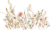 Fototapeta Boho - Watercolor beige wildflowers boho frame. Dried herbs, grass floral border, elegant arrangement. Botanical boho elements isolated on white. Wedding invitation, greeting, card, printing, design