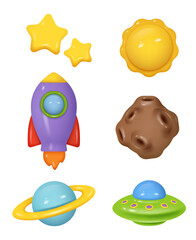 Wall Mural - clay rocket. plasticine space elements rocket sattelite telescope realistic render collection decent