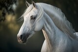 Fototapeta Konie - White horse on nature, national geographic, highly detailed fur, professional color grading, soft shadows, no contrast, clean sharp focus, f-stop 1.8, film photography