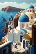 cartoon illustration, santorini greece, aegean sea, ai generative