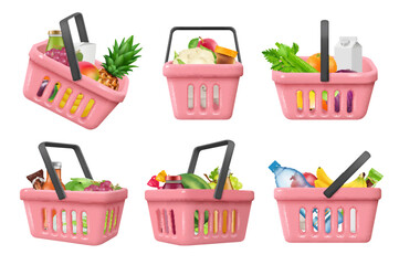 Sticker - Shopping basket with products. Grocery food in store basket decent vector realistic template