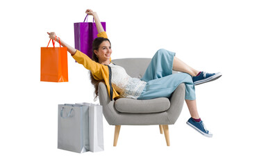 Wall Mural - Cheerful shopaholic woman with shopping bags