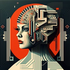 Portrait of a robot or artificial intelligence in the style of modernism constructivism. Generative AI