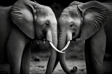 On Safari In Africa, This Amazing Black And White Photo Of Two Elephants Interacting Was Taken. Generative AI
