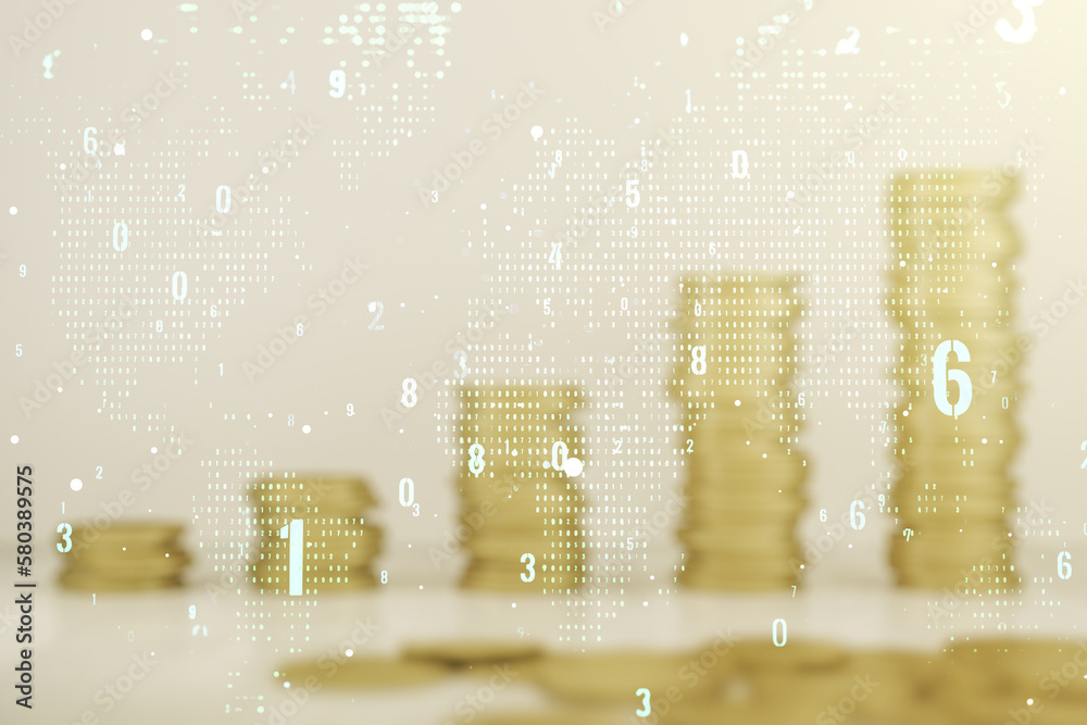 Multi exposure of abstract programming language hologram and world map ...