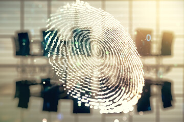 Aufkleber - Abstract virtual fingerprint illustration on a modern coworking room background, personal biometric data concept. Multiexposure