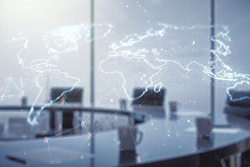 Aufkleber - Multi exposure of abstract creative digital world map hologram on a modern meeting room background, research and analytics concept