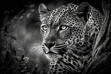 Canvas Print - A picture of a leopard staring in black and white. Generative AI