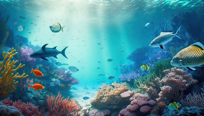 Wall Mural - Underwater world of beautiful coral reef and colorful fish. Based on Generative AI