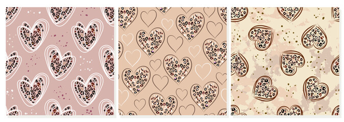 Heart signs seamless pattern and stylized leopard pattern inside the heart. Pink concept background Love, beauty, fashion. One continuous line drawing and spots of animal skin.