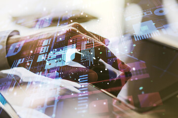 Aufkleber - Multi exposure of abstract software development hologram and finger presses on a digital tablet on background, research and analytics concept