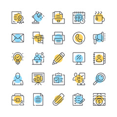 Fototapete - Office line icons. Set of office work icons. Black, blue and yellow colors. Modern outline graphic design. Vector line icons set