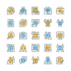 Fototapete - Human resources line icons. Set of employment icons. Black, blue and yellow colors. Modern outline graphic design. Vector line icons set