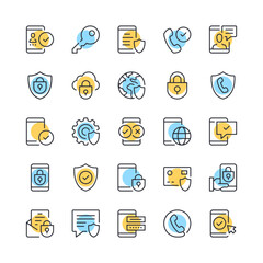 Poster - mobile security line icons. set of smartphone security icons. black, blue and yellow colors. modern 
