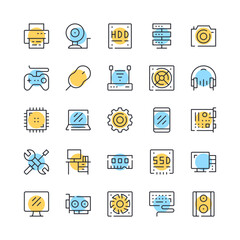 Fototapete - Computer hardware line icons. Set of PC components icons. Black, blue and yellow colors. Modern outline graphic design. Vector line icons set