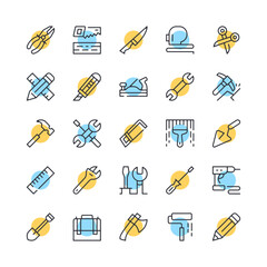 Poster - work tools line icons. set of tools icons. black, blue and yellow colors. modern outline graphic des