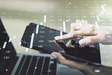 Poster - Multi exposure of abstract graphic data spreadsheet sketch and hand working with a digital tablet on background, analytics and analysis concept