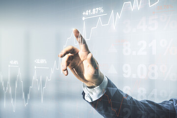 Aufkleber - Man hand presses on abstract virtual financial graph on blurred office background, financial and trading concept. Multiexposure