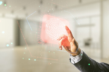 Aufkleber - Multi exposure of man hand working with virtual fingerprint scan interface on blurred office background, digital access concept