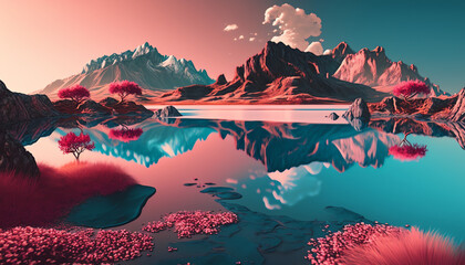 3d render, abstract landscape background. Panoramic scenery. Seascape with calm water and mountains under the pink blue sky, fantasy wallpaper