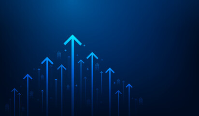 Wall Mural - business arrow up growth line technology on dark blue background. business investment to success. financial data graph strategy.market chart profit money. vector illustration hi-tech.