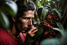 Generative AI Illustration Of Man Drinking Coffee On Plantation