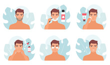 Shaving And Facial Skincare Routine Of Man In Bathroom Set Vector Illustration. Cartoon Male Characters Shave With Razor, Apply Treatment Serum And Beauty Products, Eye Patches To Care And Clean Skin