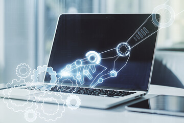Aufkleber - Double exposure of robotics technology hologram on laptop background. Research and development software concept