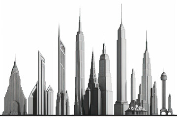 Skyline of skyscrapers drawn on a white background. Generative AI