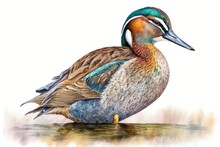 Watercolor Picture Of A Carolina Duck. Realistic Bird Drawing Made By Hand. Carolina Male Duck Side View. Beautiful Close Up Picture Of A Bird. American Wild Birds In Bright Colors On A White Backgrou