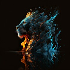 Wall Mural - illustration, fire and water next to the lion black background, generative ai