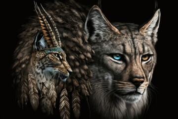 Sticker - wild cat hunter with a lynx head. A photorealistic drawing of an animal on a black background. Generative AI