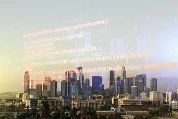 Poster - abstract virtual coding illustration on los angeles cityscape background, software development conce