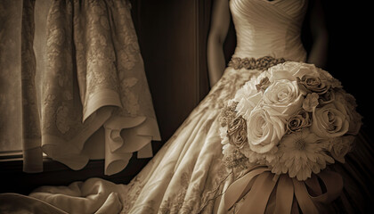 Wall Mural - Wedding dress and bridal bouquet, sepia vintage colors, generative ai illustration