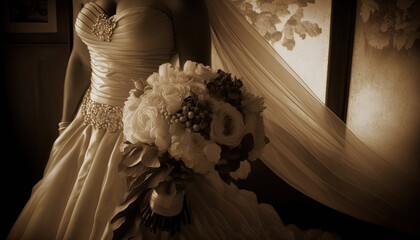 Wall Mural - Wedding dress and bridal bouquet, sepia vintage colors, generative ai illustration