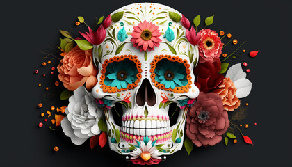 Wall Mural - Dia de Los Muertos (Day of the dead), with sugar skull, generative ai