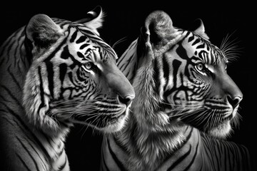 Wall Mural - Two tigers in black and white. Generative AI