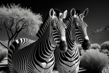 Wall Mural - Two Zebras at Cabarceno natural park are black and white. Generative AI