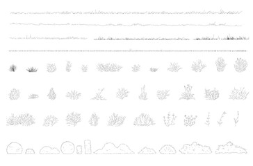 set of grass line cad, minimal isolated on white background. Ground cover. Illustration for  elevation architectural element, side view, grass section. Turf coating banners for edging.