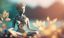  A Statue Of A Woman Sitting In A Lotus Position In A Field Of Flowers.  Generative Ai