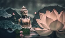 A Buddha Statue Sitting In Front Of A Lotus Flower In A Pond.  Generative Ai